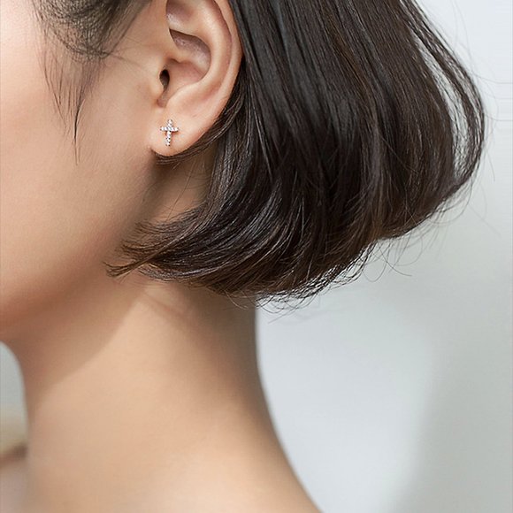 Simple Small Tiny Cross Stud Earrings 0.8 x 1.0cm with Cubic Zirconia - Picture 7 of 7